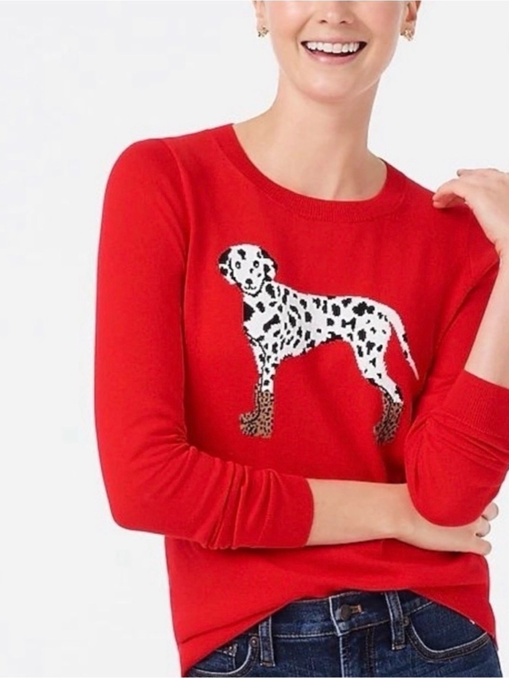 J. Crew Red Crewneck Sweater with Dalmatian Dog Motif